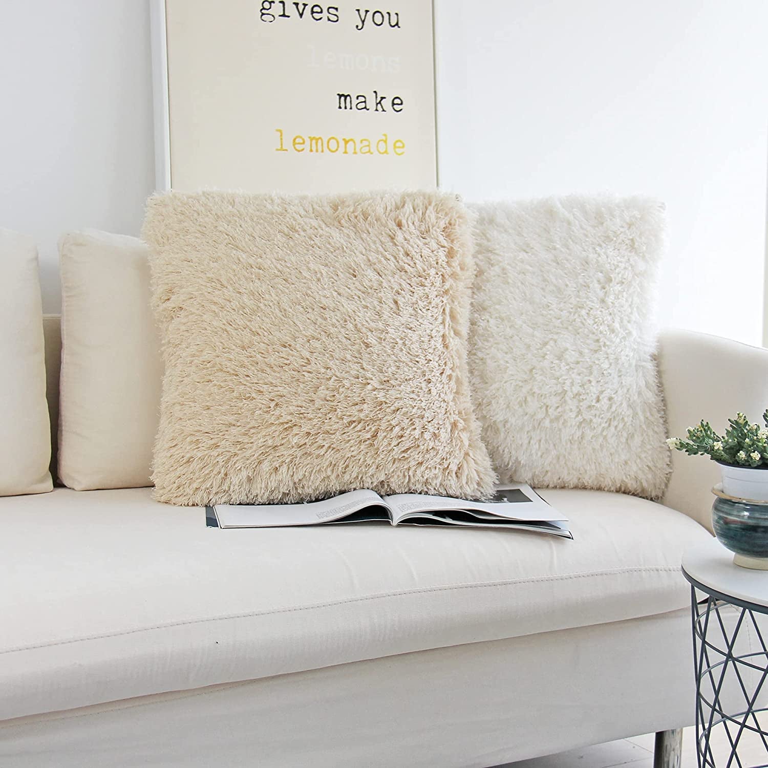 Fluffy Decorative Throw Pillows Covers 24 X 24 Inch Luxury Soft Faux Fur Fleece Cushion Cover Pillowcase Pack of 2 Beige