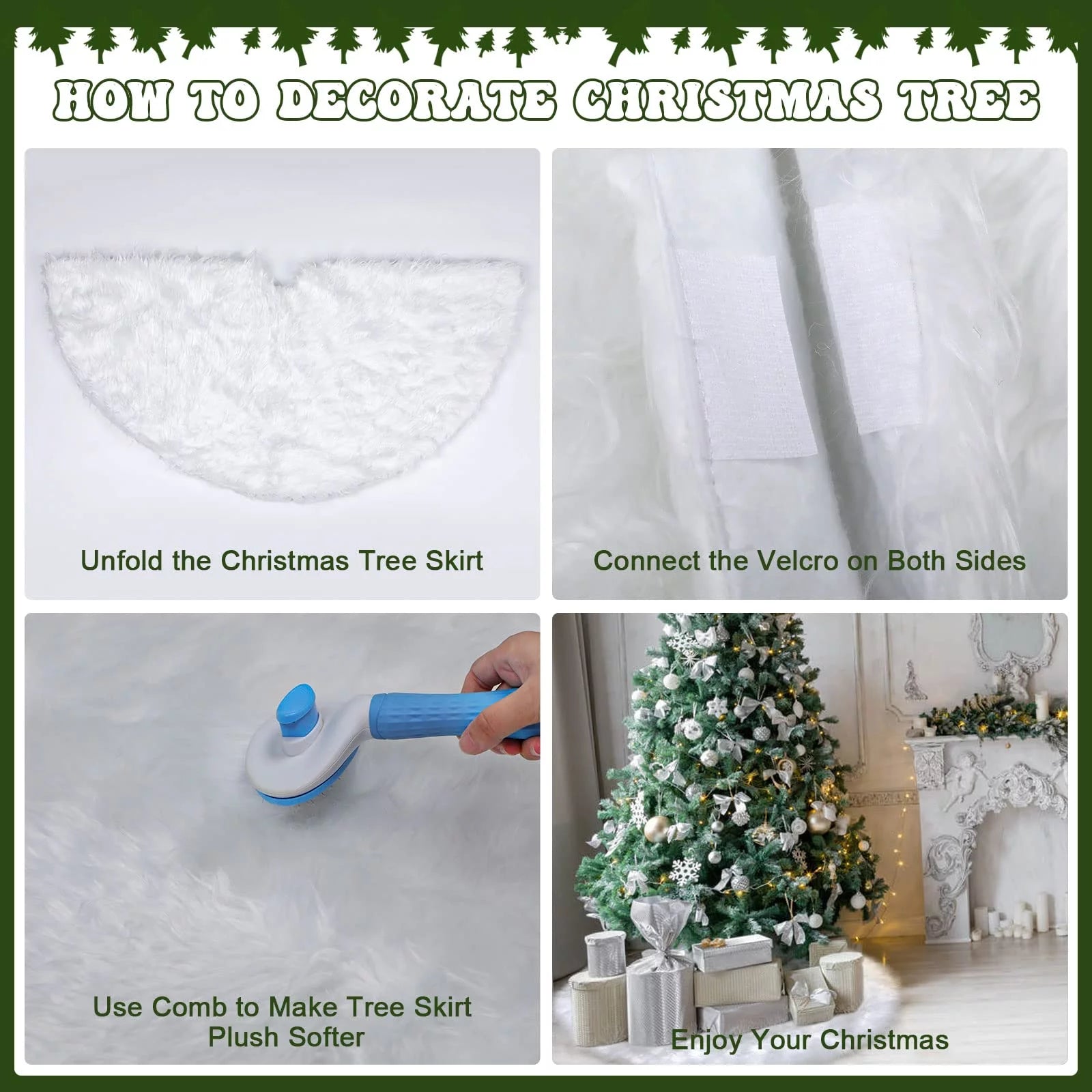Christmas Tree Skirt 30 Inch Faux Fur Xmas Plush Tree Skirt Winter Large Christmas Tree Mat Holiday Party Christmas Tree Decorations, Snowy White