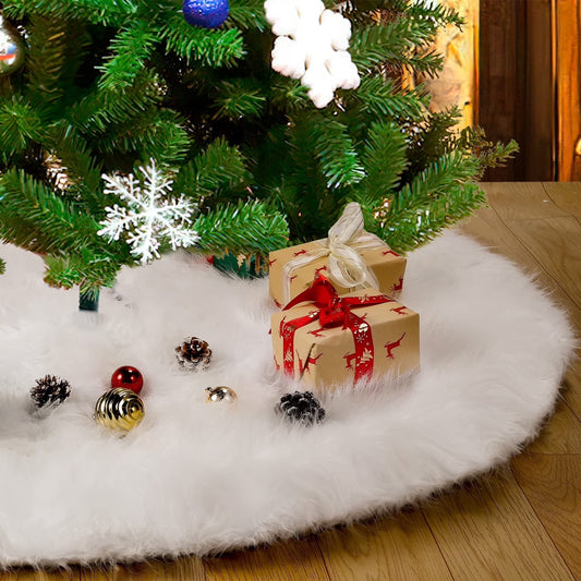 Christmas Tree Skirt 30 Inch Faux Fur Xmas Plush Tree Skirt Winter Large Christmas Tree Mat Holiday Party Christmas Tree Decorations, Snowy White
