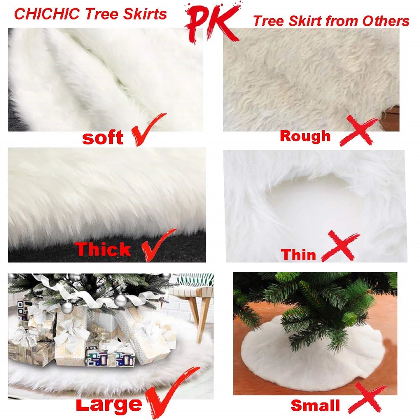 Christmas Tree Skirt 30 Inch Faux Fur Xmas Plush Tree Skirt Winter Large Christmas Tree Mat Holiday Party Christmas Tree Decorations, Snowy White