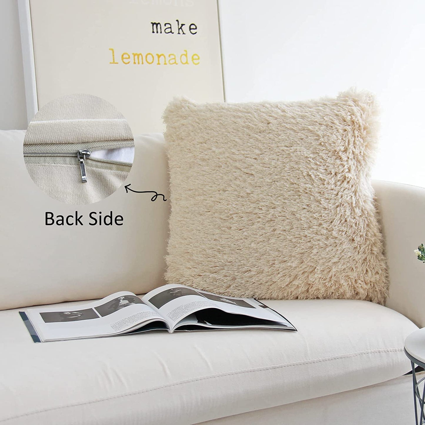Fluffy Decorative Throw Pillows Covers 24 X 24 Inch Luxury Soft Faux Fur Fleece Cushion Cover Pillowcase Pack of 2 Beige