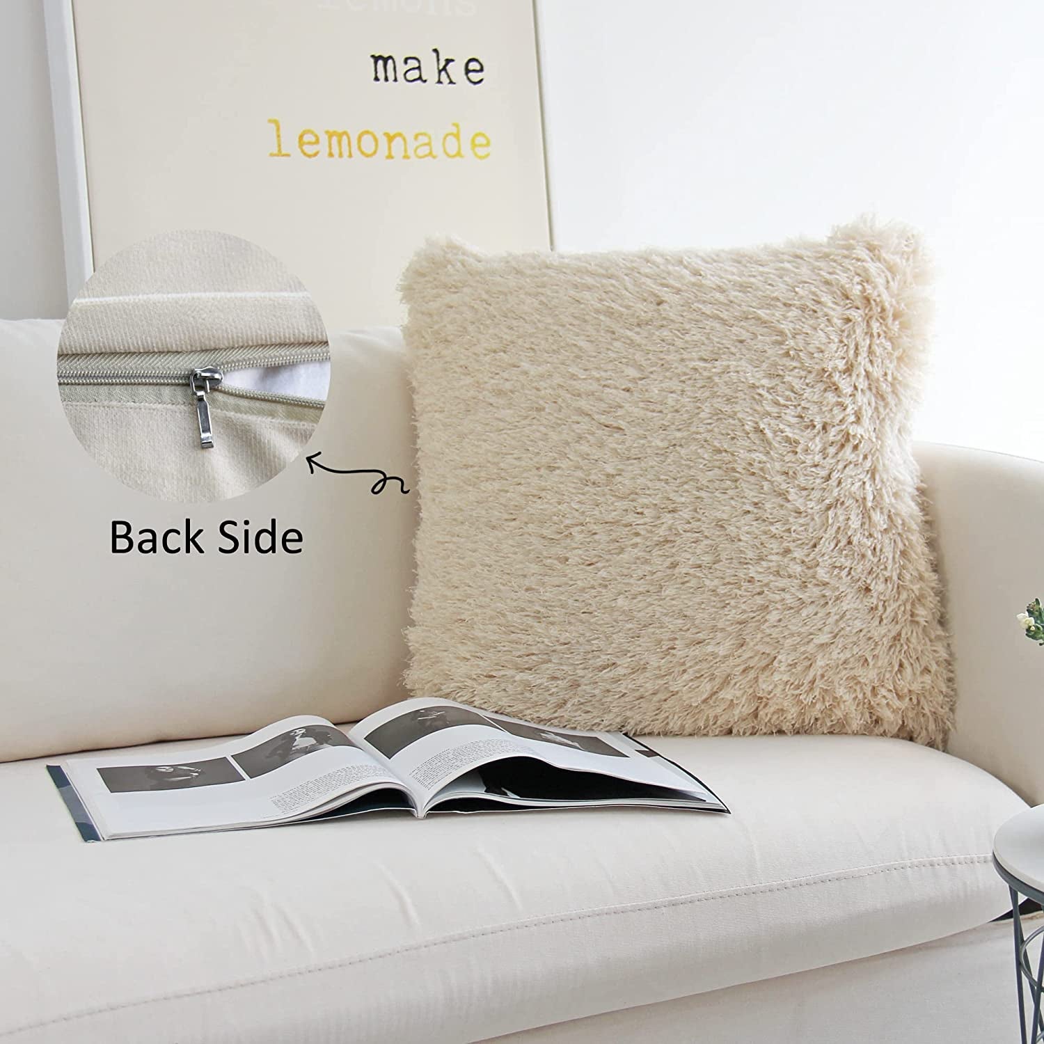 Fluffy Decorative Throw Pillows Covers 24 X 24 Inch Luxury Soft Faux Fur Fleece Cushion Cover Pillowcase Pack of 2 Beige