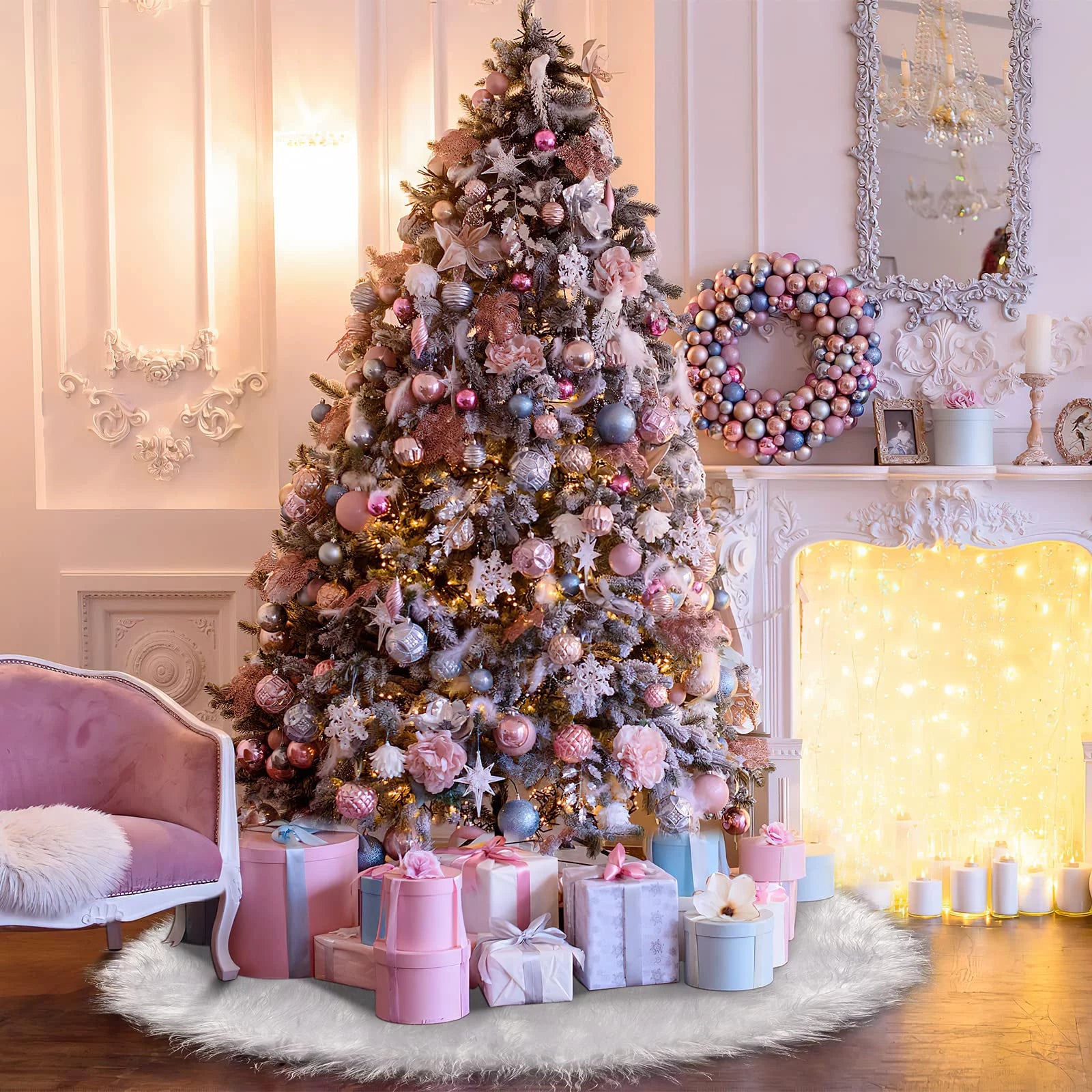 Christmas Tree Skirt 30 Inch Faux Fur Xmas Plush Tree Skirt Winter Large Christmas Tree Mat Holiday Party Christmas Tree Decorations, Snowy White