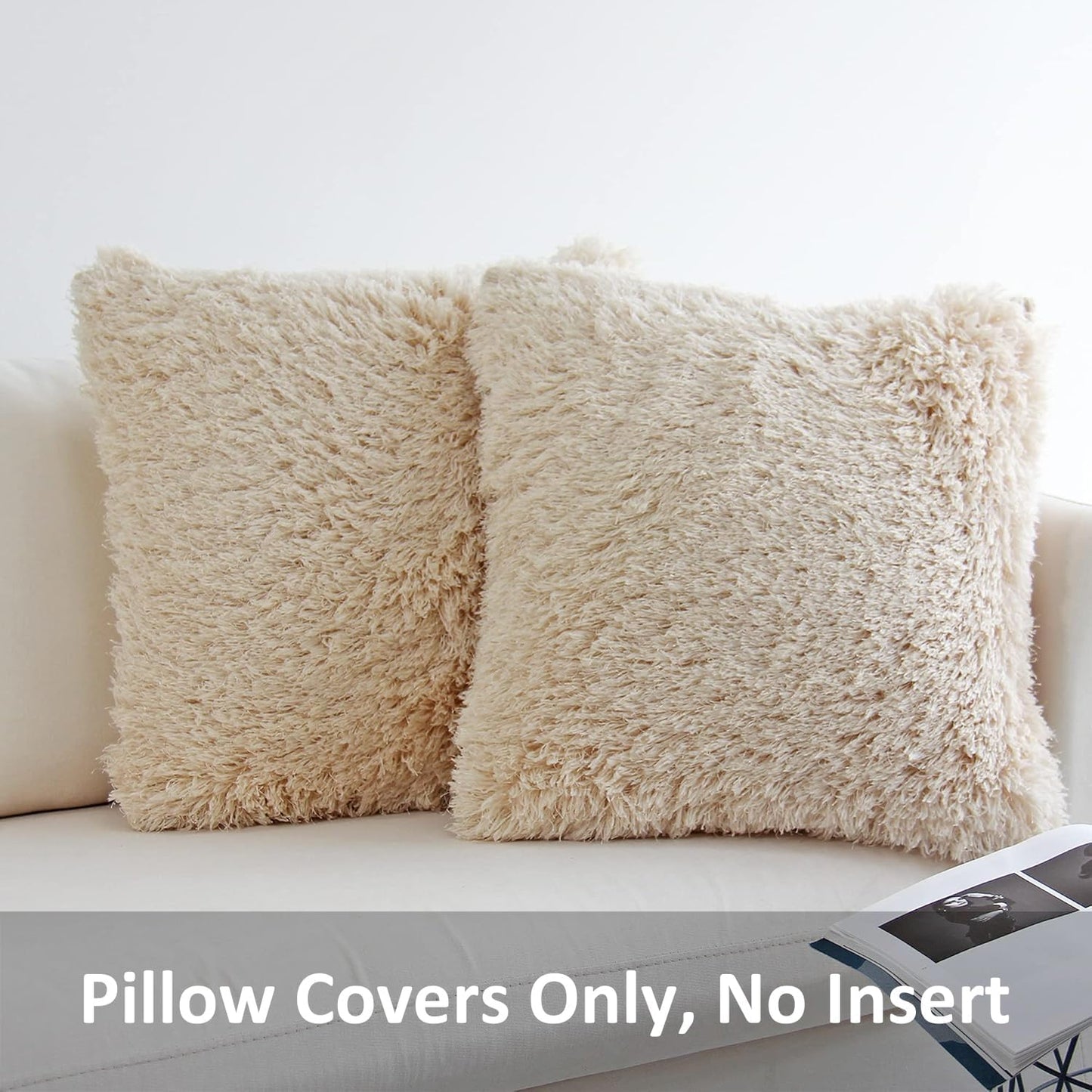 Fluffy Decorative Throw Pillows Covers 24 X 24 Inch Luxury Soft Faux Fur Fleece Cushion Cover Pillowcase Pack of 2 Beige