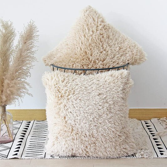 Fluffy Decorative Throw Pillows Covers 24 X 24 Inch Luxury Soft Faux Fur Fleece Cushion Cover Pillowcase Pack of 2 Beige