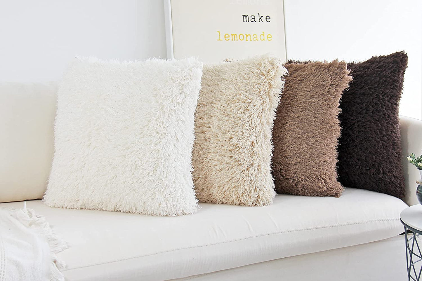 Fluffy Decorative Throw Pillows Covers 24 X 24 Inch Luxury Soft Faux Fur Fleece Cushion Cover Pillowcase Pack of 2 Beige