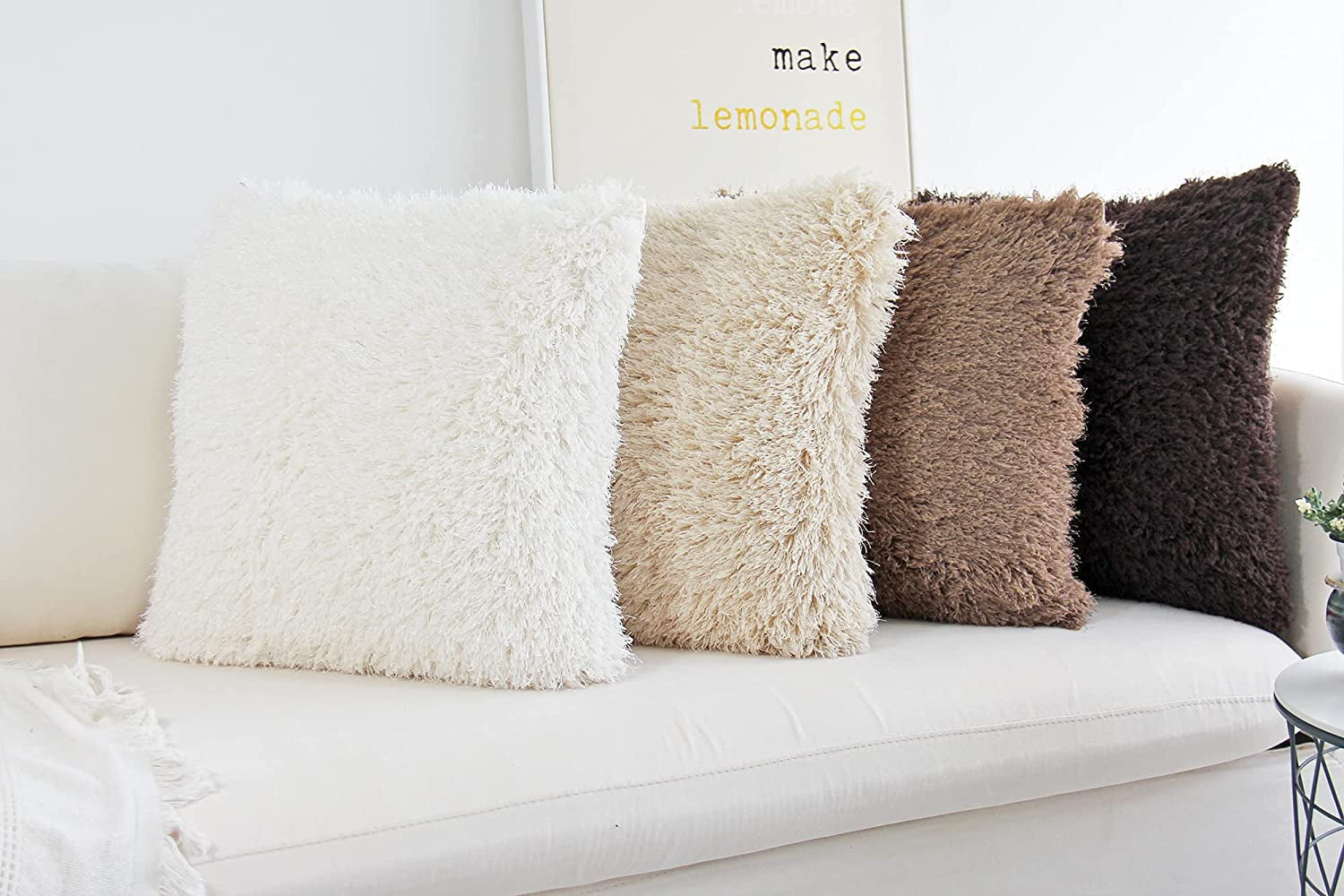 Fluffy Decorative Throw Pillows Covers 24 X 24 Inch Luxury Soft Faux Fur Fleece Cushion Cover Pillowcase Pack of 2 Beige