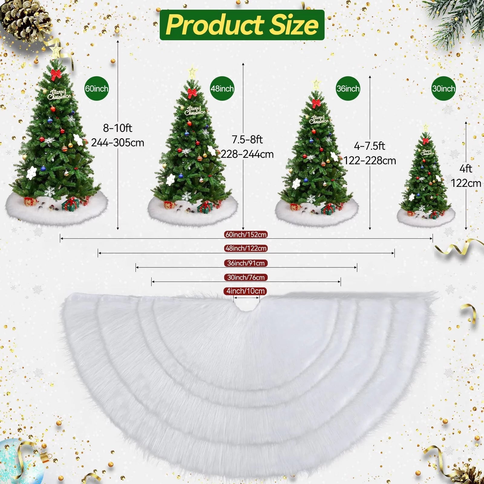 Christmas Tree Skirt 30 Inch Faux Fur Xmas Plush Tree Skirt Winter Large Christmas Tree Mat Holiday Party Christmas Tree Decorations, Snowy White
