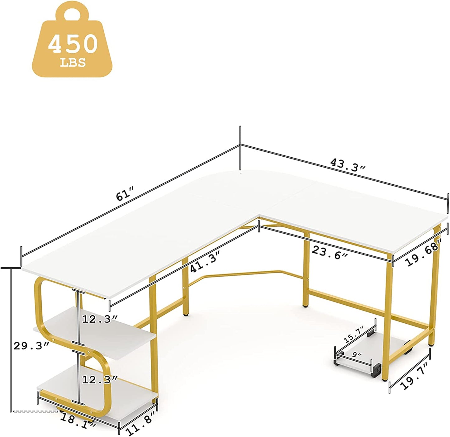 Reversible L Shaped Desk with Large Surface, 61 Inch Sturdy Corner Desk with Storage Shelves, Premium Office Computer Desk Workstation for Home Office Gaming