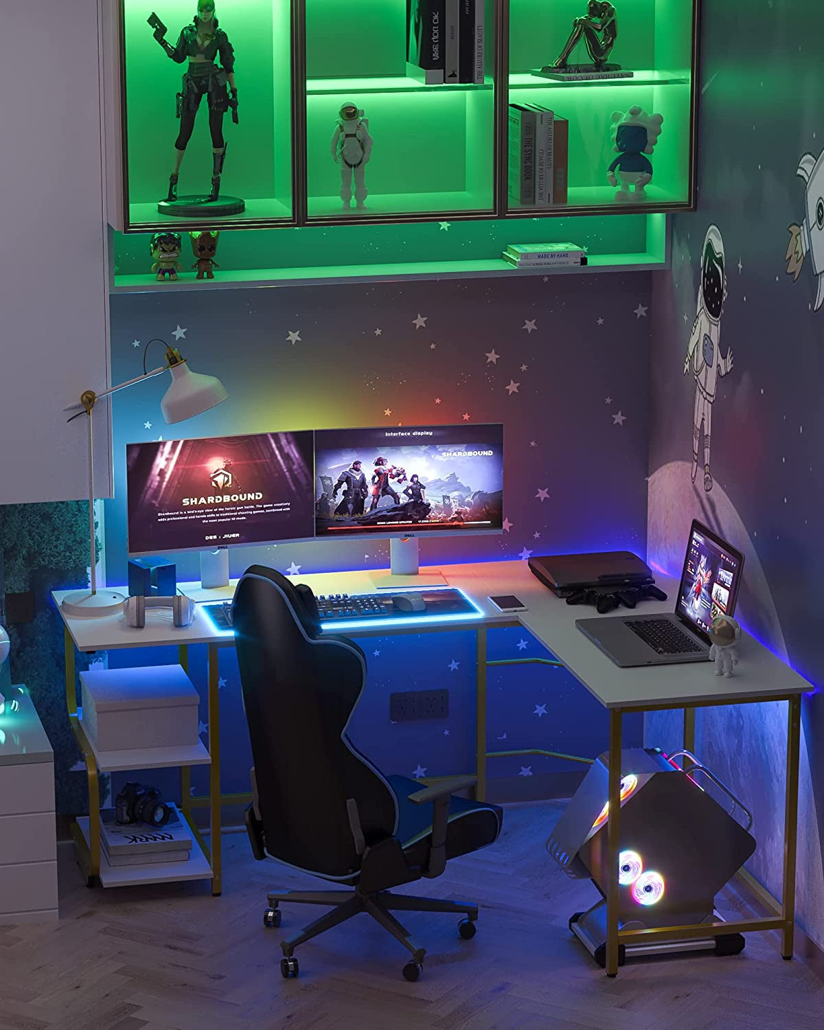 Reversible L Shaped Desk with Large Surface, 61 Inch Sturdy Corner Desk with Storage Shelves, Premium Office Computer Desk Workstation for Home Office Gaming